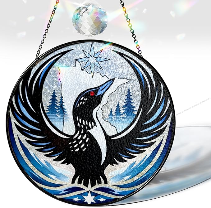 Common Rebel Loon Stained Glass Suncatcher, Custom Loon Bird Stained Glass Suncatcher Indoor Window with Crystal, Black Birds Sun Catcher Decor Window Hanging, Bird Lover Gifts for Women, Grandma, Mom