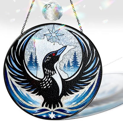 Common Rebel Loon Stained Glass Suncatcher, Custom Loon Bird Stained Glass Suncatcher Indoor Window with Crystal, Black Birds Sun Catcher Decor Window Hanging, Bird Lover Gifts for Women, Grandma, Mom