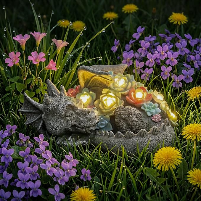 Garden Dragon Statue Outdoor Decor, Coiled Sleeping Dragon Figurine with Solar Light Succulent, Waterproof Resin Garden Sculpture for Outside Lawn Patio Yard Ornament Gifts