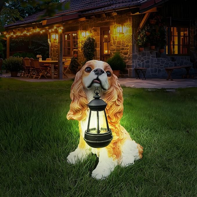 Cavalier King Charles Spaniel Dog Garden Statue with Solar Lantern, Lifelike Outdoor Puppy Sculpture with Interchangeable Welcome & On Patrol Sign, Resin Yard Art Decor for Patio Lawn Porch