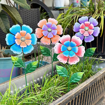 Metal Flowers for Outside, 4 Pcs 16.5 Inch Decorative Garden Stakes, Hand Painted Tin Metal Garden Decor with Glitter, Weather Resistant Outdoor Art for Patio Lawn Yard
