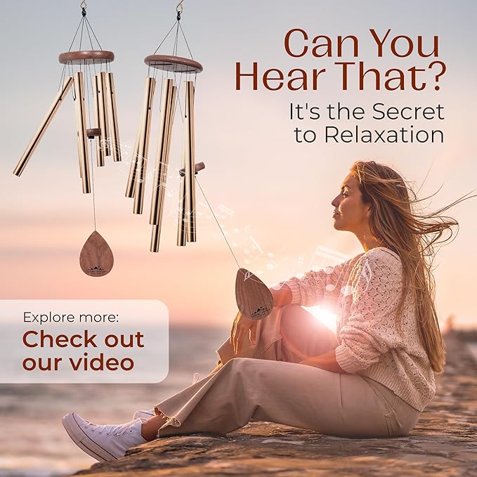 UpBlend Wind Chimes for Outside Gift – Deep Tone Wind Chime with Decorative Stone – Porch & Patio Decor, Elegant Outdoor Ornament, Garden Gifts. 28” Gold.