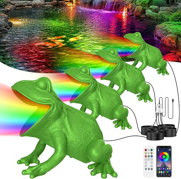 RGB Pond Light with APP, 6W Frog Fountain Lights with 12V Transformer, IP68 Waterproof Underwater Pond Lights with Long Cables for Ponds Waterfall Fountain Gardens Water Feature, 4 SpotLights