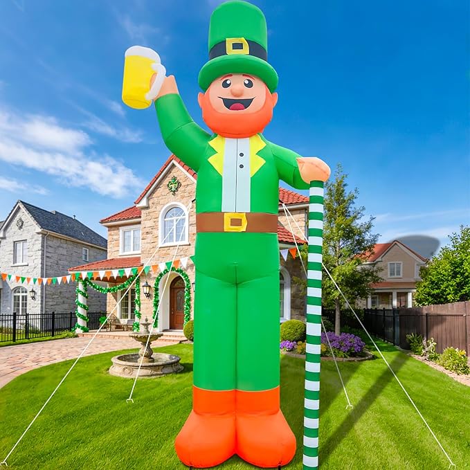 12Ft Giant St. Patrick's Day Blow Up Inflatable Leprechaun Takes a Beer St Patricks Day Inflatable Yard Decorations St Patricks Blow Up Inflatable for Outdoor Garden Lawn Party(with Drawstring Bag)