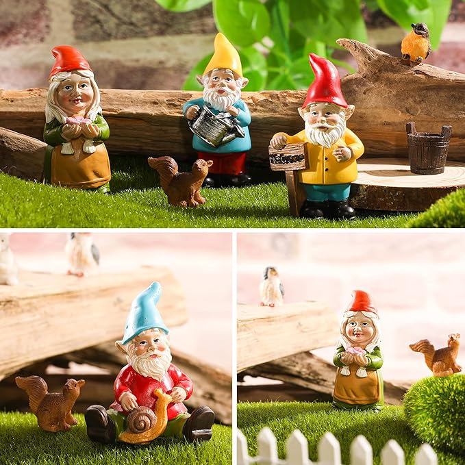 Jetec 10 Pcs Mini Fairy Gnomes Statue Garden Accessories Kit Miniature Garden Resin Gnomes Hand Painted Squirrel Hedgehog Owl Bird and Bucket Ornament for Yard Lawn Home Outdoor Decoration