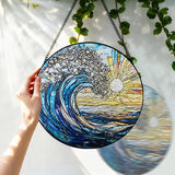 Stained Glass Window Hanging, 8 Inch Sea Wave Suncatcher, Sun Catchers Indoor Window, Ocean Suncatchers for Windows Hanging, Spring Home Garden Coastal Decor Panel, Beach Lover Gift for Women Mom Wife