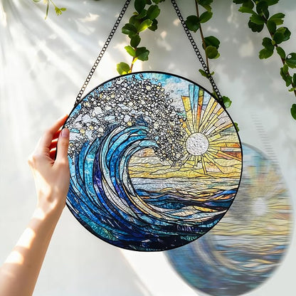 Stained Glass Window Hanging, 8 Inch Sea Wave Suncatcher, Sun Catchers Indoor Window, Ocean Suncatchers for Windows Hanging, Spring Home Garden Coastal Decor Panel, Beach Lover Gift for Women Mom Wife