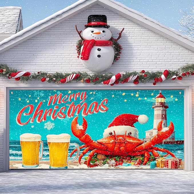 IVN Christmas Garage Door Banner 13x6 ft Merry Christmas Garage Door Cover Santa Crab Lighthouse Winter Coastal Home Door Front Yard Decor for Xmas Eve Holiday Outdoor
