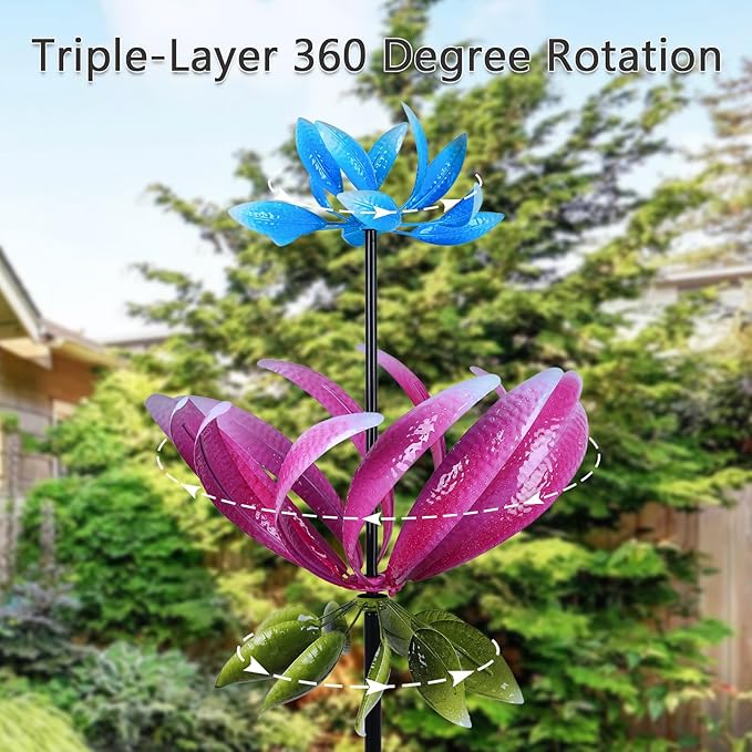 hogardeck Large Wind Spinner Outdoor, 91.3" Metal Flowers Wind Spinner with Heavy-Duty Stakes, 360° Rotating Triple-Layer Kinetic Yard Art for Home Outside Garden Lawn Backyard Patio Decor