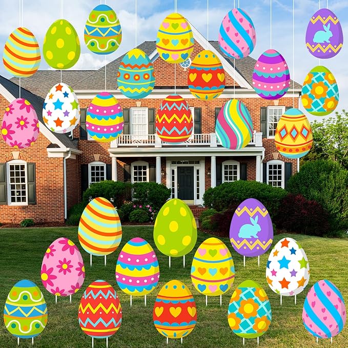 Yuntau 28 Pcs Easter Decorations Outdoor Easter Eggs Yard Signs Hanging Ornaments for Tree Outdoor Lawn Decoration Colorful Egg Lawns Sign for Garden Lawn Porch Home