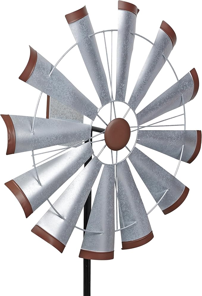 Alpine Corporation 85" Tall Outdoor Metal Wind Spinners, Large Kinetic Windmill, Outdoor Decor, Silver
