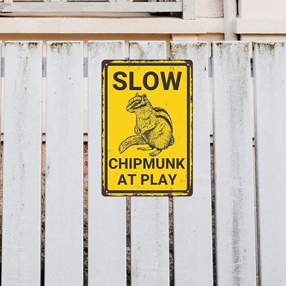 Slow Chipmunk at Play Aluminium Metal Sign, Chipmunk Decor, Chipmunk Gift, Vintage Animal Decor, Animal Warning Sign, Funny Wall Decor for Home Farmhouse Yard Garden, 8"x12" Indoor/Outdoor