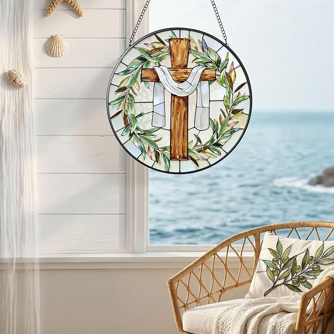 7.9 Inch Cross and Olive Leaves Stained Glass Suncatcher, Cross Sunset Suncatchers for Windows Hanging Indoor Decor, Stained Glass Gift, Christian Gifts, Religious Gifts, Window Decor