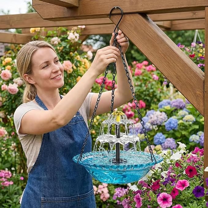 Solar Powered Hanging Bird Bath Fountain, Glass Bowl Solar Water Fountain for Outdoor Garden (Red)