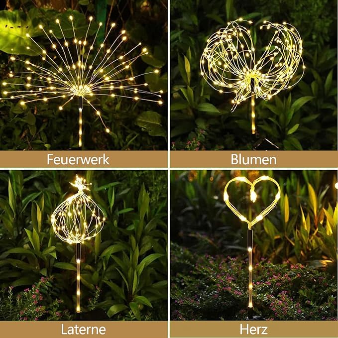 4 Pack Solar Firework Lights Outdoor, Adjustable 32" to 51" Extra Tall, Verified 200 LED Warm White Stainless Steel 3-Section Pole, 8 Modes Waterproof Starburst Garden Lights for Large Yard