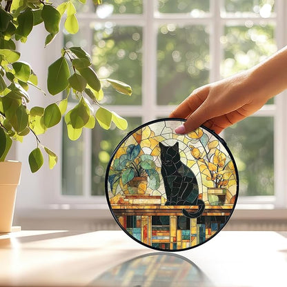 Black Cat Gifts, Cat Suncatchers Stained Glass Window Hanging, Cats Gifts for Women, Book Sun Catchers Indoor Window Glass Round Wall Decor, 7.9x7.9in