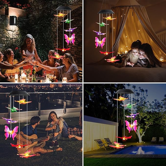 MorTime 25" LED Solar Wind Chime, Color Changing Solar Butterfly Wind Chimes Mobile Hanging Wind Chime for OutsideHome Garden Decoration