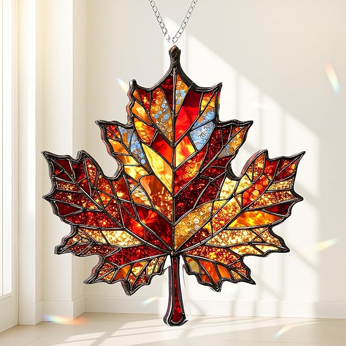 Maple Leaf Suncatcher, Faux Stained Glass Fall Suncatchers for Windows Hanging, Thanksgiving, 2D Acrylic Maple Leaves Fall Ornaments, Xmas Tree Decorations, Autumn Decor (Maples Leaf)