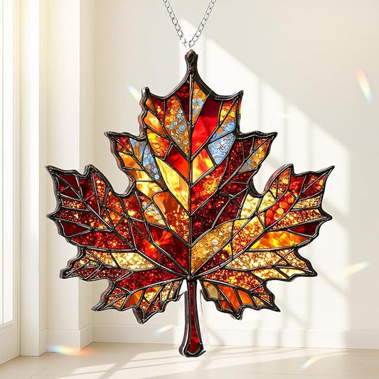 Maple Leaf Suncatcher, Faux Stained Glass Fall Suncatchers for Windows Hanging, Thanksgiving, 2D Acrylic Maple Leaves Fall Ornaments, Xmas Tree Decorations, Autumn Decor (Maples Leaf)
