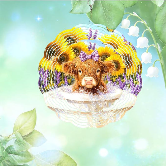 10x10 Inch Wind Spinner Outdoor Hanging Highland Cow Sunflower Lavender Metal Kinetic Spiral Ornament for Yard Garden Patio Porch Balcony Tree Window Decor Gift