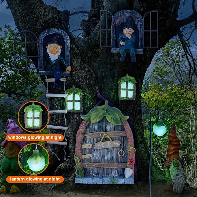 7 Pcs Fairy Garden Accessories Tree Hugger Gnome Statue Fairy Door Window Set Dwarf Elf Landscape Figurine Out The Door Resin Sculpture Hanging Tree Faces Decor for Trees Outdoor Decor (Fresh)