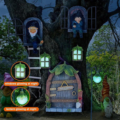 7 Pcs Fairy Garden Accessories Tree Hugger Gnome Statue Fairy Door Window Set Dwarf Elf Landscape Figurine Out The Door Resin Sculpture Hanging Tree Faces Decor for Trees Outdoor Decor (Fresh)
