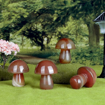 2Pcs 1.7" Red Banded Carnelian Agate Crystal Mushroom Sculpture Decor Mini Mushroom Gifts Cute Home Decor Living Room Decorations Fairy Garden Accessories