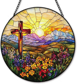 Cross Flower Suncatcher Stained Glass Window Hanging, Christian Wildflower Sunset Landscape Sun Catchers Indoor Window Glass Round Wall Decor, Religious Wall Art Hanging Decorations, ＂7.8x7.8＂