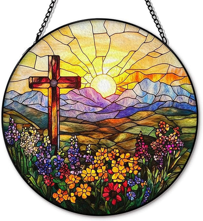Cross Flower Suncatcher Stained Glass Window Hanging, Christian Wildflower Sunset Landscape Sun Catchers Indoor Window Glass Round Wall Decor, Religious Wall Art Hanging Decorations, ＂7.8x7.8＂