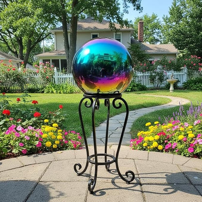 25cm/10 inch Garden Sphere Mirror Gazing Ball,Rainbow Stainless Steel Polished Reflective Smooth Hollow Globe Ball,Durable Colorful and Shiny Decorations Addition to Garden Patio Yard Home