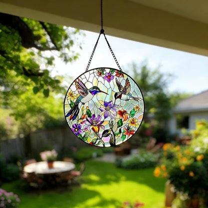 9.8In Hummingbird Stained Glass Window Hanging, Large Stained Glass Suncatcher for Indoor Home Decor, Vibrant Bird & Flower Window Suncatcher Ornament for Garden, Ideal Gift for Women Mom Bird Lovers