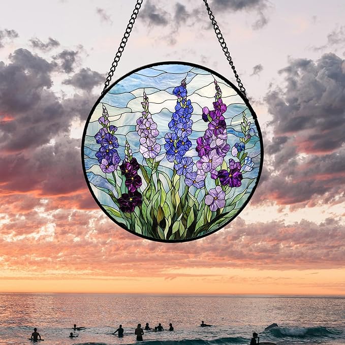 Stained Glass Window Hanging - Blue Purple Delphinium Suncatcher for Door Garden Home Decor Birth Flower Sun Catcher Birthday for Friend Lovers Women Mom Nana 15 in