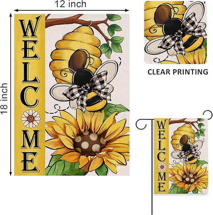 Welcome Spring Summer Bumble Bee Sunflower Decorative Garden Flag, Flower Honeycomb Yard Outside Decorations, Buffalo Plaid Bow Burlap Farmhouse Outdoor Small Home Decor Double Sided 12 x 18