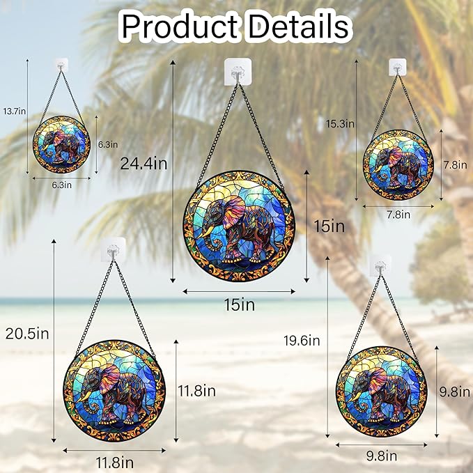 Stained Glass Window Hanging - Blue Elephant Suncatcher for Door Terrace Garden Home Decor, Yellow Retro Sun Catcher Birthday Gifts for Lovers Women Men Dad Mom Nana 7.8 in