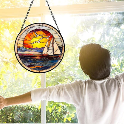 DASTOLL Stained Glass Window Hanging, Sun Ocean Sailboat Seagull Abstract Suncatcher Diamond Glass Panel Sun Catchers Decor for Birthday for Women, Men, Wife, Aunt, and Mom 11.8x11.8 in