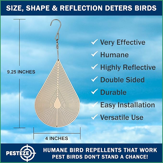 PESTEZE USA Water Droplet Wind Spinner, 4×9.25 Stainless Steel Highly Reflective Outdoor Hanging Spinner for Bird Deterrent, Garden & Yard Decor, Resistant Metal Art with 360° Wind Motion Easy Install