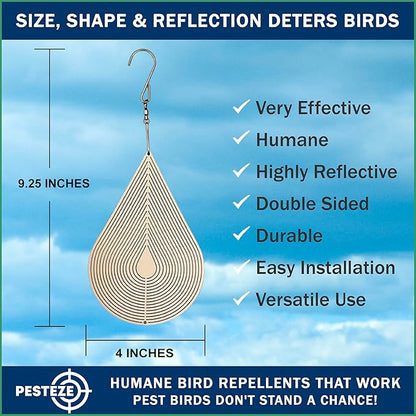 PESTEZE USA Water Droplet Wind Spinner, 4×9.25 Stainless Steel Highly Reflective Outdoor Hanging Spinner for Bird Deterrent, Garden & Yard Decor, Resistant Metal Art with 360° Wind Motion Easy Install