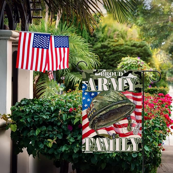 Proud Army Family 4th of July Patriotic Small Garden Flag, American Memorial Day Military Veterans Day Yard USA Armed Forces Rangers Outdoor Home Decoration America Outside Decor 12x18