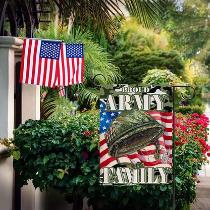 Proud Army Family 4th of July Patriotic Small Garden Flag, American Memorial Day Military Veterans Day Yard USA Armed Forces Rangers Outdoor Home Decoration America Outside Decor 12x18