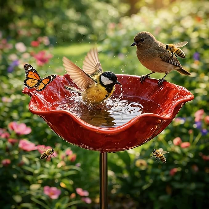 Handmade Metal Flower Garden Stake with Bird Bath & Bee Water Bowl, Bee Bird Watering Station, Butterfly & Pollinator Watering Station, Garden Yard Art Outdoor Decor (1 pc)