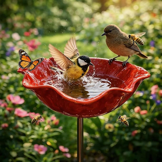 Handmade Metal Flower Garden Stake with Bird Bath & Bee Water Bowl, Bee Bird Watering Station, Butterfly & Pollinator Watering Station, Garden Yard Art Outdoor Decor (1 pc)