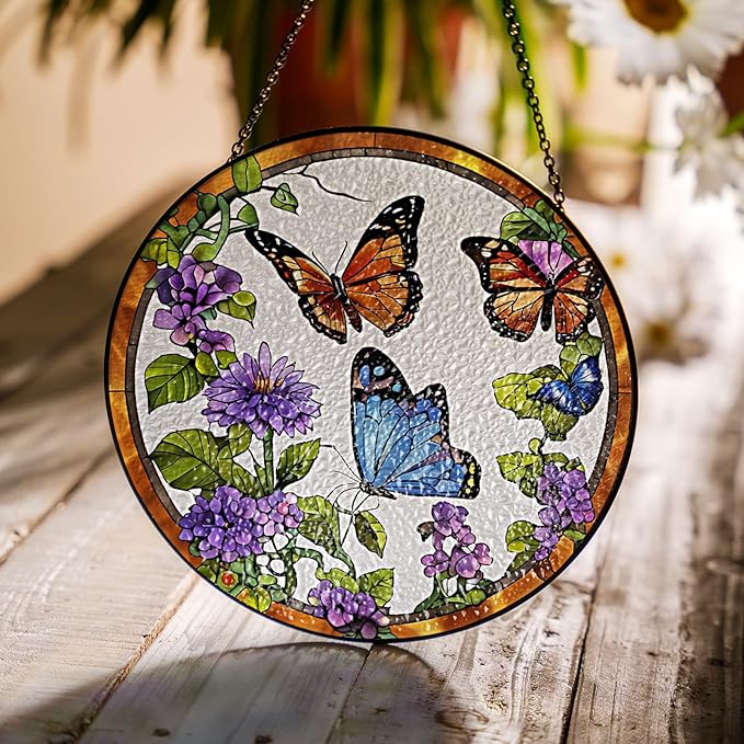 2 Stained Glass 7.8" Butterfly Sunflowers Stained Glass Suncatcher, Butterflies and Flowers Glass Art Window Hanging, Indoor Window Gift for Nature Floral Lovers Women Mom Friend, Painted Panel Décor