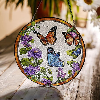 2 Stained Glass 7.8" Butterfly Sunflowers Stained Glass Suncatcher, Butterflies and Flowers Glass Art Window Hanging, Indoor Window Gift for Nature Floral Lovers Women Mom Friend, Painted Panel Décor