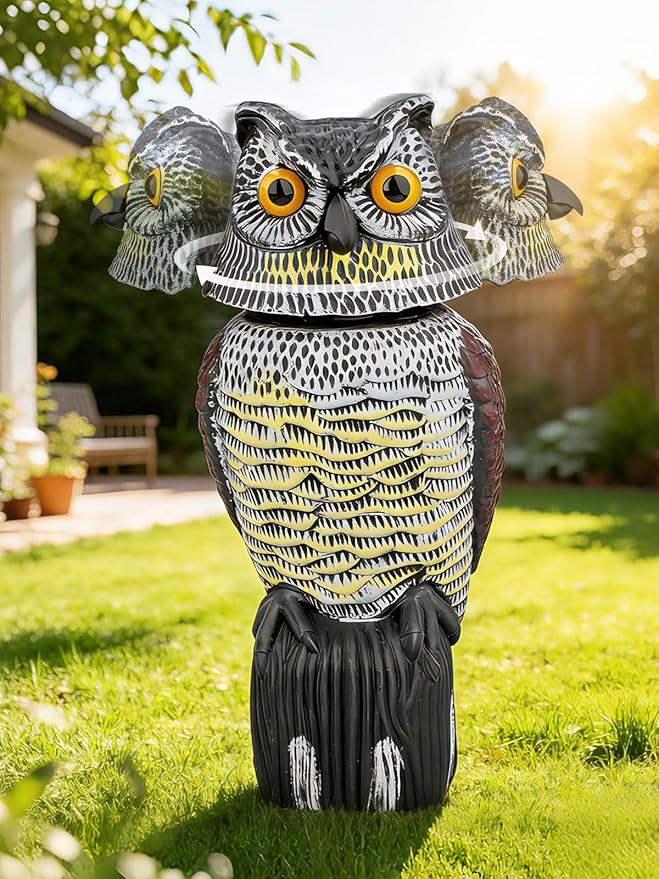 Garden Fake Owl Sculpture with 360° Rotating Head, Waterproof Outdoor Statue for Garden Yard Patio Balcony Roof