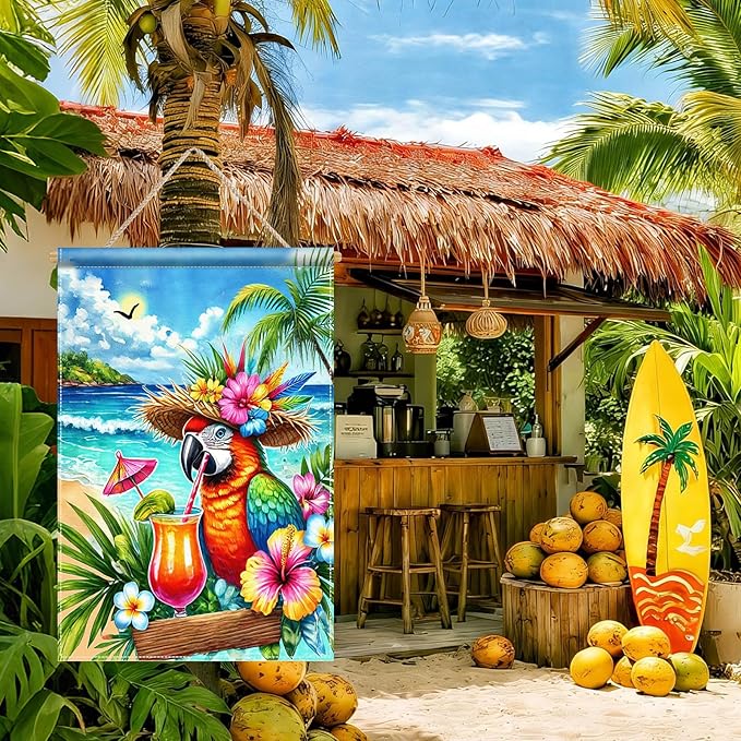 BlissYard Summer Parrot Garden Flag 12x18 Double Sided Tropical Bird Yard Flag Red Parrot Welcome Banner Outdoor Beach Palm Tree Decor Summer Garden Decorations for Home Lawn Patio Porch