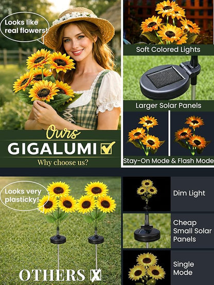 GIGALUMI Solar Garden Lights Artificial Sunflowers, LED Garden Decor Carefree Sunflower Solar Lights Outdoor Yard Decorations Outdoor, Everlasting Sunflower Decor Gift for Yard Patio (Set of 4)