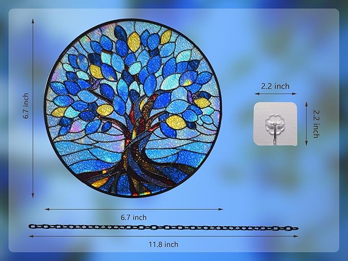 Stained Glass Window Hangings, Tree of Life with Hummingbird Suncatchers for Window, Treasured Gift for Mom, Grandma, Family and Friends (Blue, 6.7x6.7 in)