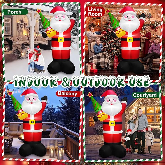 8 FT Tall Giant Santa Inflatable Christmas Decorations Outdoor Tree Blowups, Funny Cute Xmas Blow Up Yard Decoration Build-in LED Lights & Tethers Stakes Winter Holiday Indoor Party Garden Lawn Decor