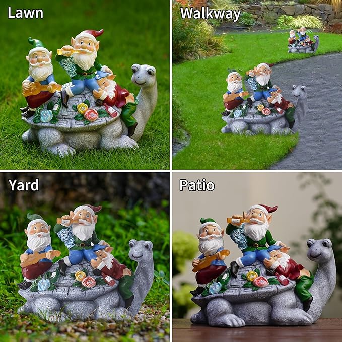 Upgraded Size Solar Garden Outdoor Statues Gnome Turtle Three Gnomes Having Party on Turtle with 7 LED Lawn Decor Outside Decorations for Patio, Balcony, Yard Ornament Unique Garden Gift