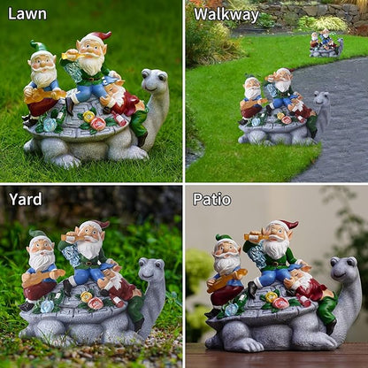 Upgraded Size Solar Garden Outdoor Statues Gnome Turtle Three Gnomes Having Party on Turtle with 7 LED Lawn Decor Outside Decorations for Patio, Balcony, Yard Ornament Unique Garden Gift